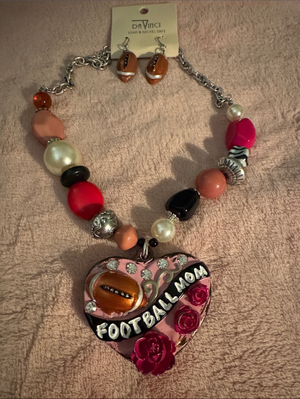 DaVinci Pink & Brown 'Football Mom' Heart Pendant Necklace